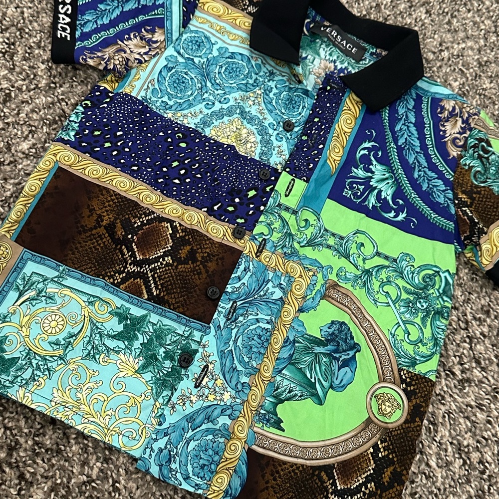 Versace Multicolor Blue Green Baroque Patchwork Polo